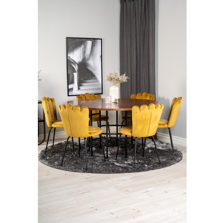 VENTURE DESIGN Copenhagen spisebordsett, m. 4 stoler - brun finer/svart metall og gul flyel/svart metall