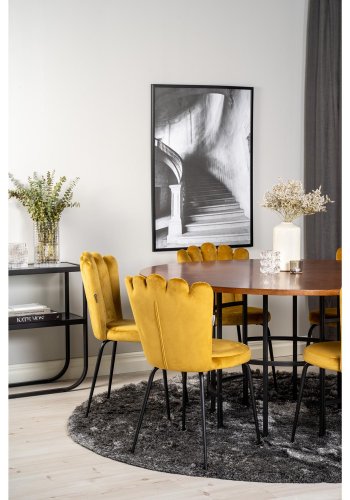 VENTURE DESIGN Copenhagen spisebordsett, m. 4 stoler - brun finer/svart metall og gul flyel/svart metall