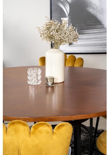 VENTURE DESIGN Copenhagen spisebordsett, m. 4 stoler - brun finer/svart metall og gul flyel/svart metall