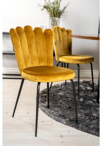 VENTURE DESIGN Copenhagen spisebordsett, m. 4 stoler - brun finer/svart metall og gul flyel/svart metall