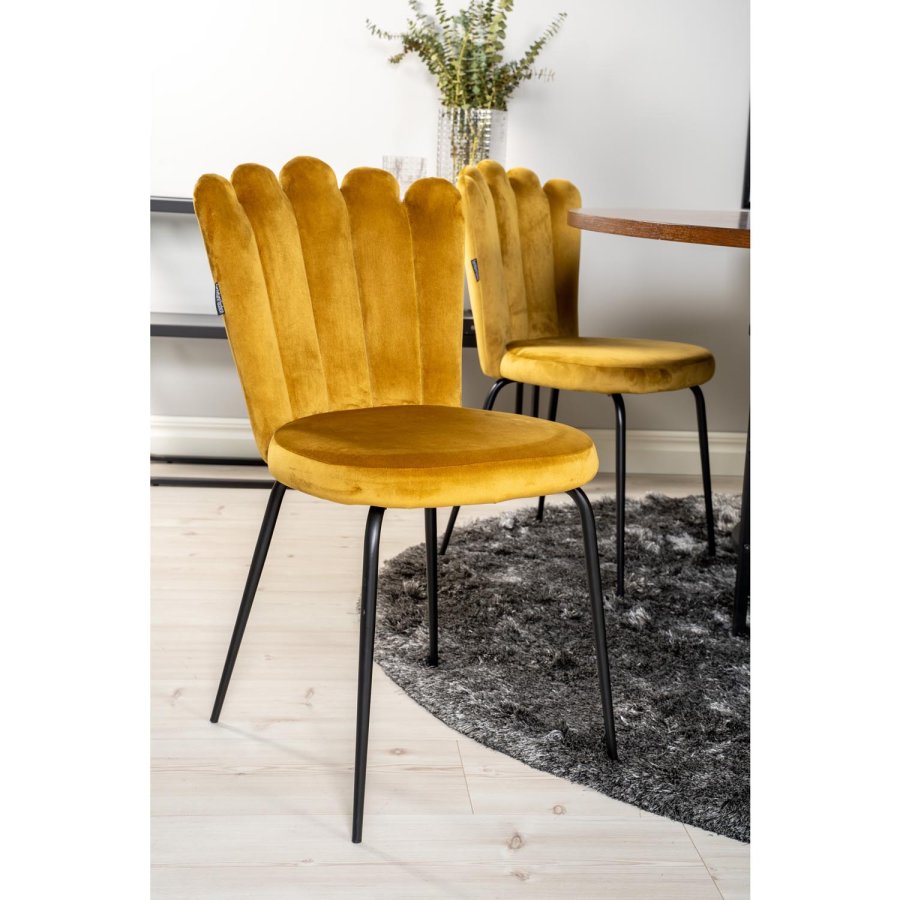 VENTURE DESIGN Copenhagen spisebordsett, m. 4 stoler - brun finer/svart metall og gul flyel/svart metall