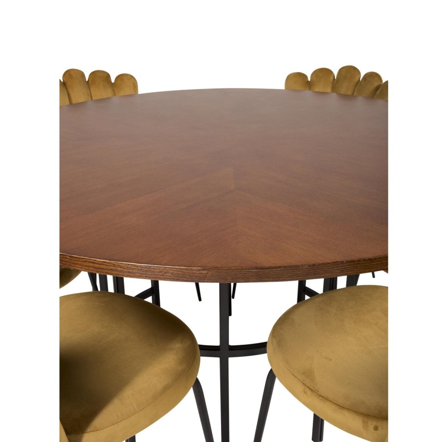 VENTURE DESIGN Copenhagen spisebordsett, m. 4 stoler - brun finer/svart metall og gul flyel/svart metall