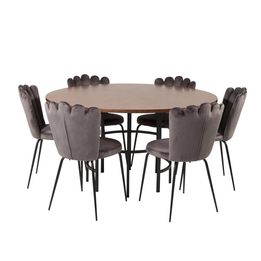 VENTURE DESIGN Copenhagen spisebordsett, m. 4 stoler - brun finer/svart metall og gr flyel/svart metall