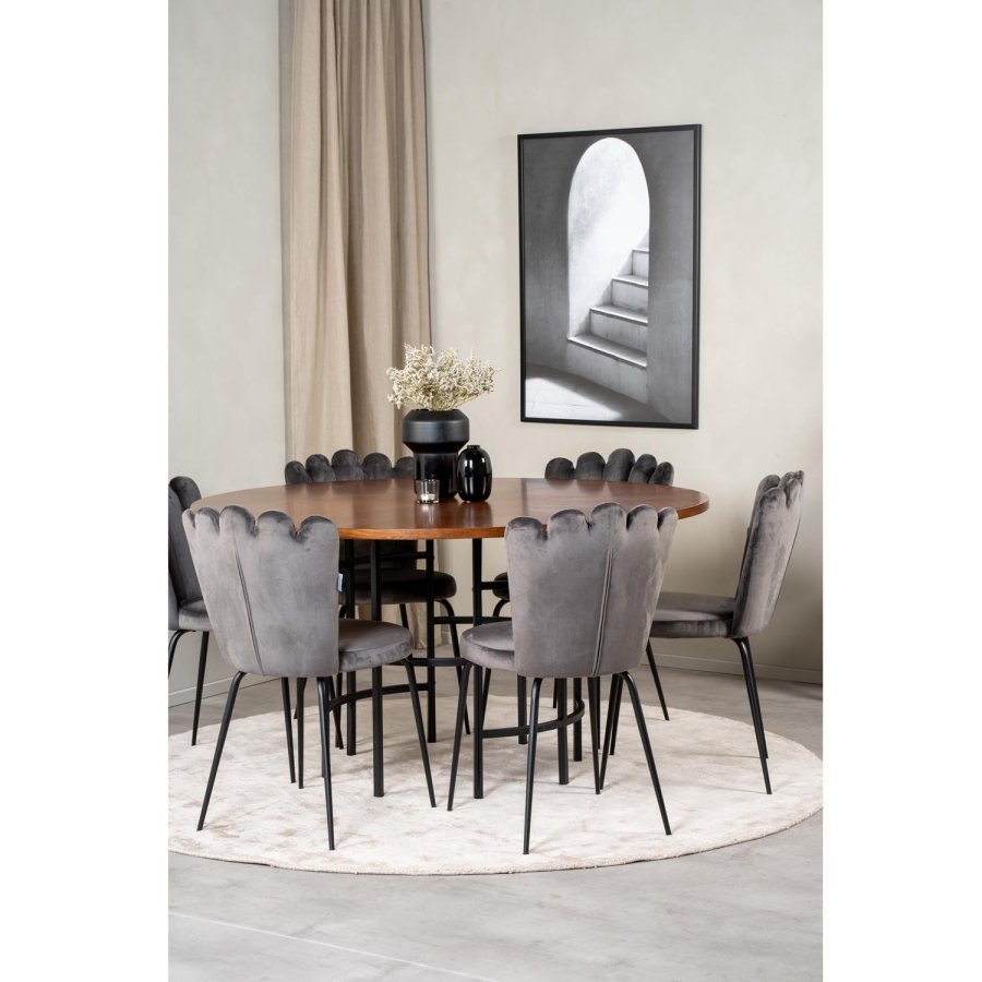 VENTURE DESIGN Copenhagen spisebordsett, m. 4 stoler - brun finer/svart metall og gr flyel/svart metall