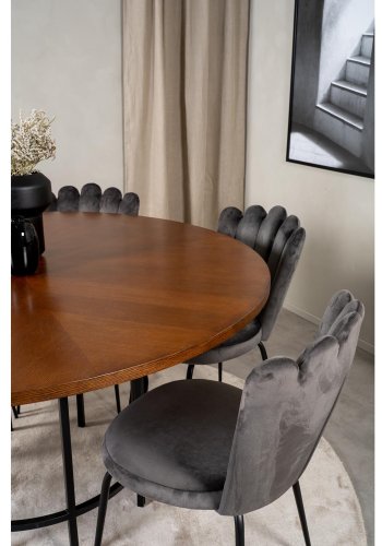 VENTURE DESIGN Copenhagen spisebordsett, m. 4 stoler - brun finer/svart metall og gr flyel/svart metall