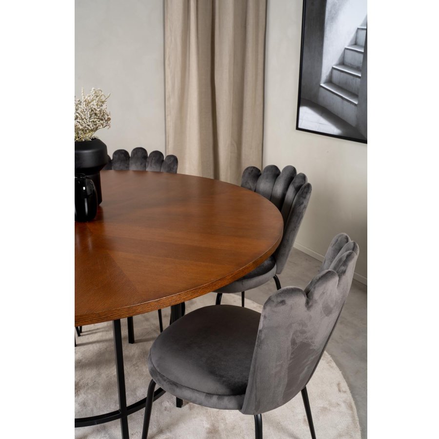 VENTURE DESIGN Copenhagen spisebordsett, m. 4 stoler - brun finer/svart metall og gr flyel/svart metall