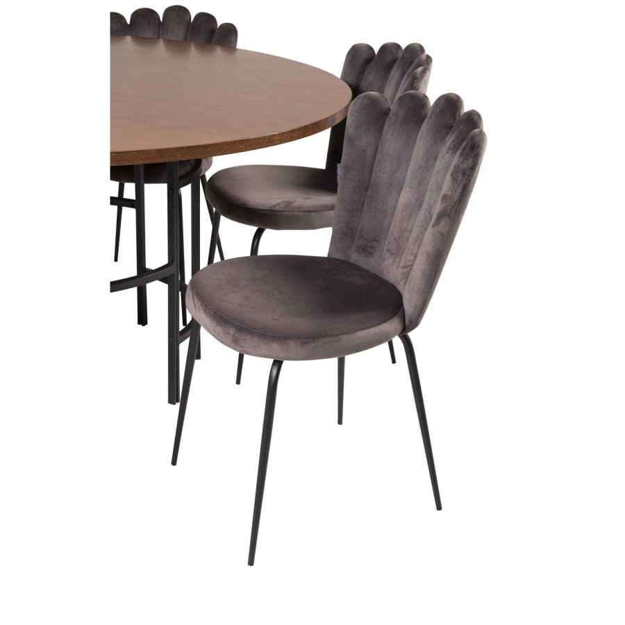 VENTURE DESIGN Copenhagen spisebordsett, m. 4 stoler - brun finer/svart metall og gr flyel/svart metall