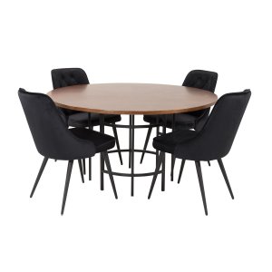 VENTURE DESIGN Copenhagen Matbordsset, med 4 Stolar - Brun Fanér / Svart Metall och Svart Sammet / Svart Metall