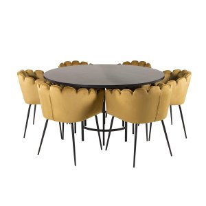 VENTURE DESIGN Copenhagen Matbordsset, med 4 Stolar - Svart Fanér / Svart Metall och Gul Sammet / Svart Metall