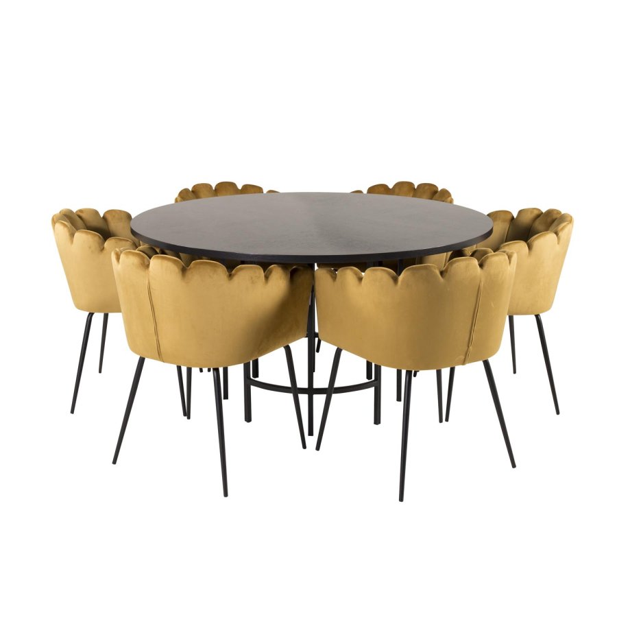 VENTURE DESIGN Copenhagen spisebordsett, m. 4 stoler - sort finér/svart metall og gul flyel/svart metall