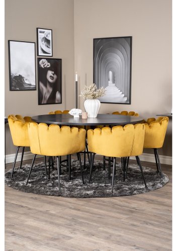 VENTURE DESIGN Copenhagen spisebordsett, m. 4 stoler - sort finér/svart metall og gul flyel/svart metall