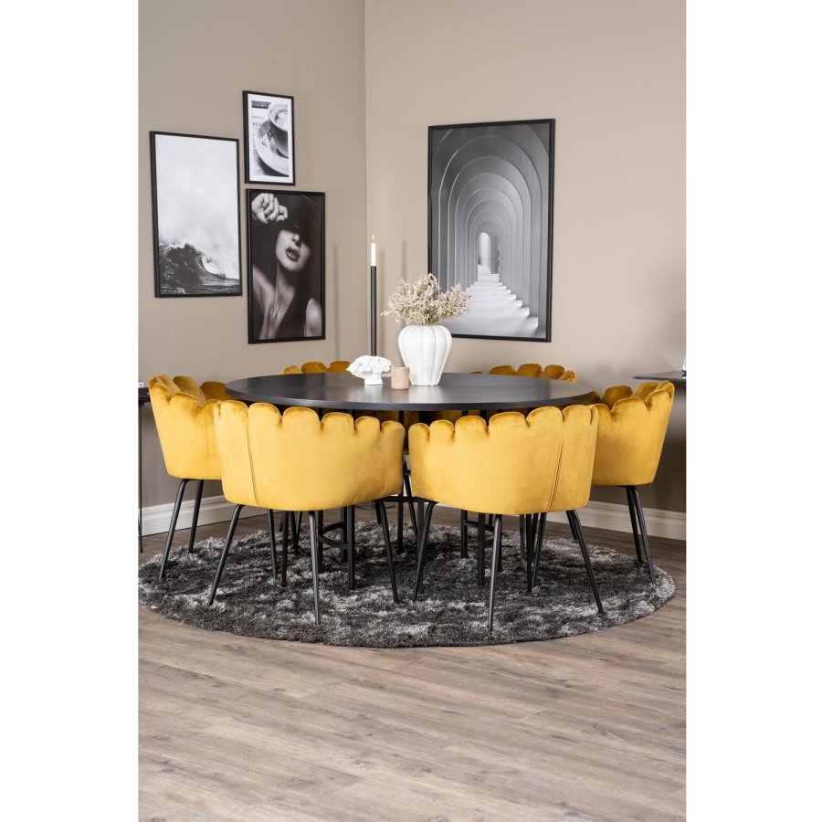VENTURE DESIGN Copenhagen spisebordsett, m. 4 stoler - sort finér/svart metall og gul flyel/svart metall