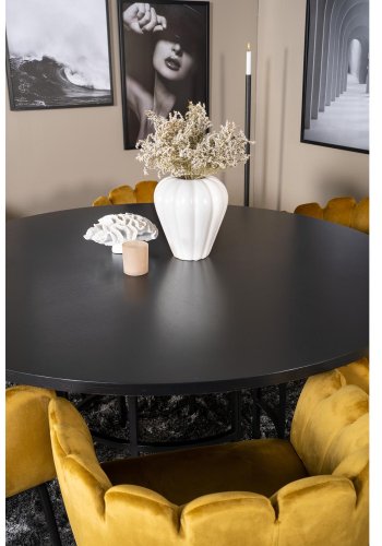 VENTURE DESIGN Copenhagen spisebordsett, m. 4 stoler - sort finér/svart metall og gul flyel/svart metall