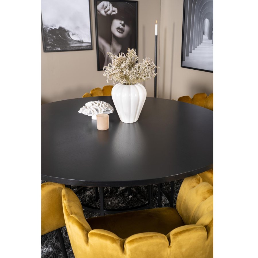 VENTURE DESIGN Copenhagen spisebordsett, m. 4 stoler - sort finér/svart metall og gul flyel/svart metall