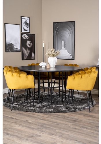 VENTURE DESIGN Copenhagen spisebordsett, m. 4 stoler - sort finér/svart metall og gul flyel/svart metall