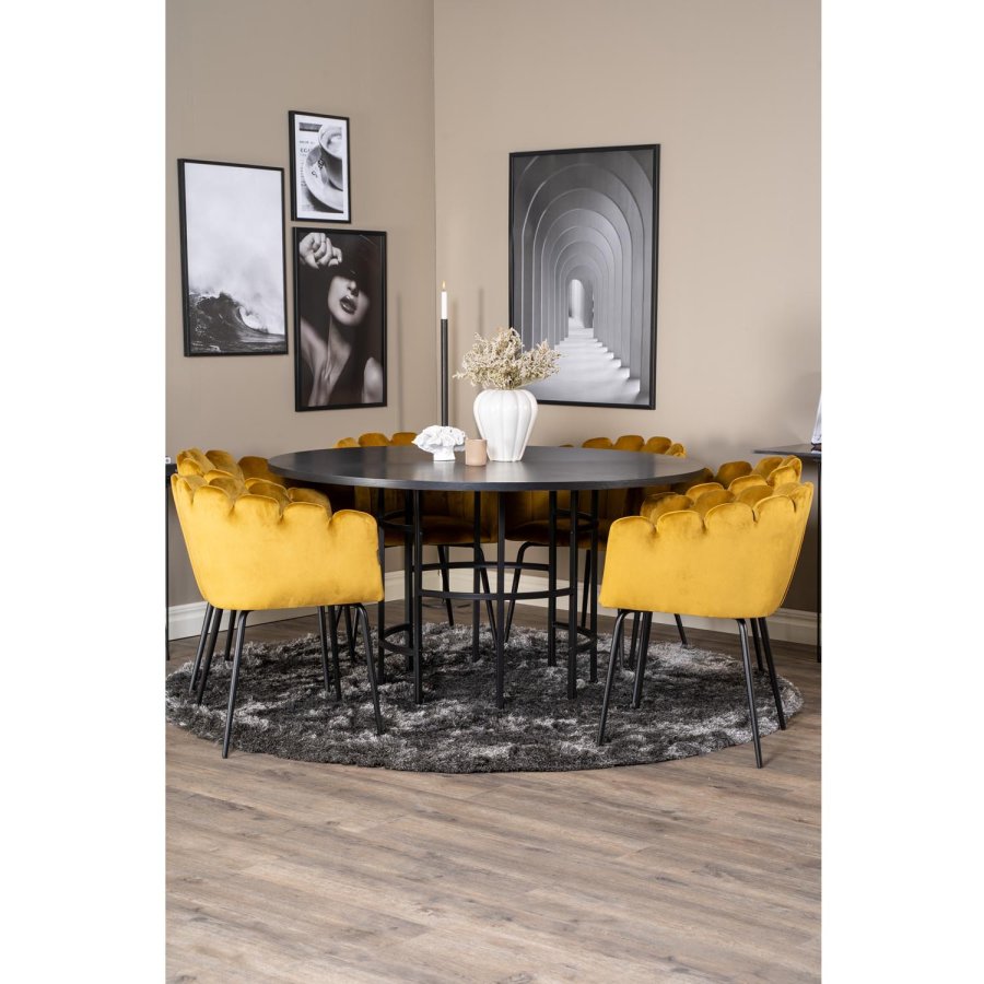 VENTURE DESIGN Copenhagen spisebordsett, m. 4 stoler - sort finér/svart metall og gul flyel/svart metall