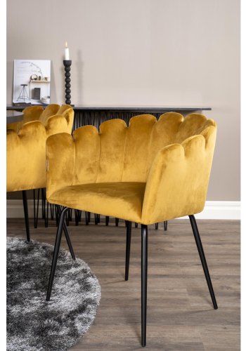 VENTURE DESIGN Copenhagen spisebordsett, m. 4 stoler - sort finér/svart metall og gul flyel/svart metall