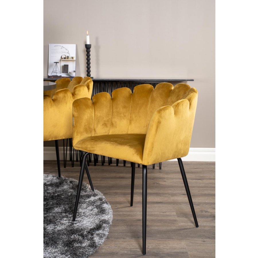 VENTURE DESIGN Copenhagen spisebordsett, m. 4 stoler - sort finér/svart metall og gul flyel/svart metall