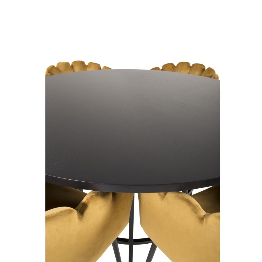 VENTURE DESIGN Copenhagen spisebordsett, m. 4 stoler - sort finér/svart metall og gul flyel/svart metall