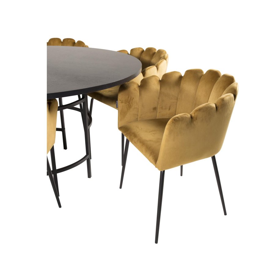 VENTURE DESIGN Copenhagen spisebordsett, m. 4 stoler - sort finér/svart metall og gul flyel/svart metall