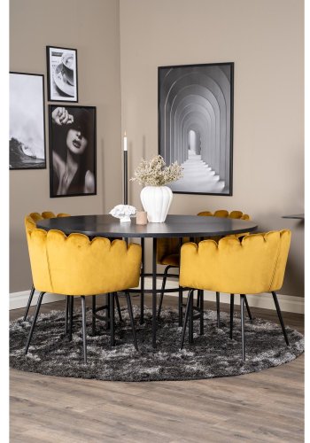 VENTURE DESIGN Copenhagen spisebordsett, m. 4 stoler - sort finér/svart metall og gul flyel/svart metall