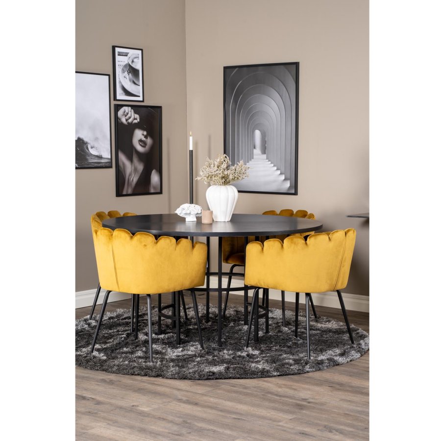 VENTURE DESIGN Copenhagen spisebordsett, m. 4 stoler - sort finér/svart metall og gul flyel/svart metall