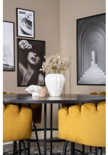 VENTURE DESIGN Copenhagen spisebordsett, m. 4 stoler - sort finér/svart metall og gul flyel/svart metall