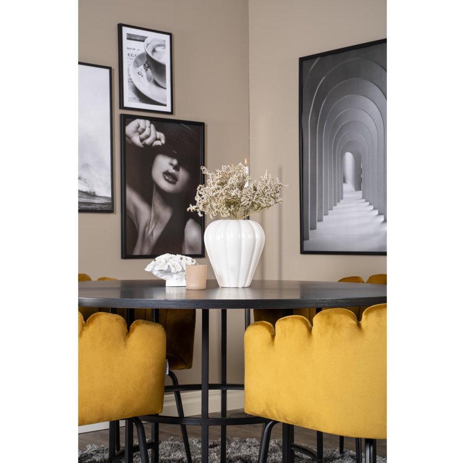 VENTURE DESIGN Copenhagen spisebordsett, m. 4 stoler - sort finér/svart metall og gul flyel/svart metall