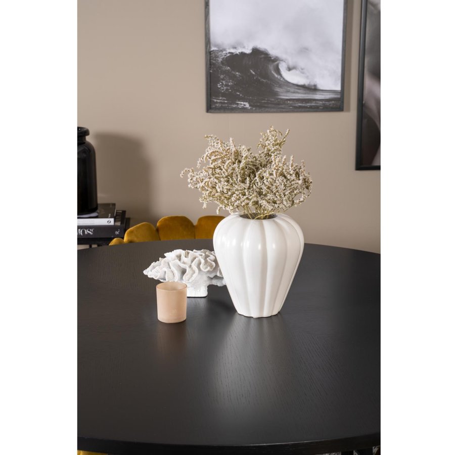 VENTURE DESIGN Copenhagen spisebordsett, m. 4 stoler - sort finér/svart metall og gul flyel/svart metall