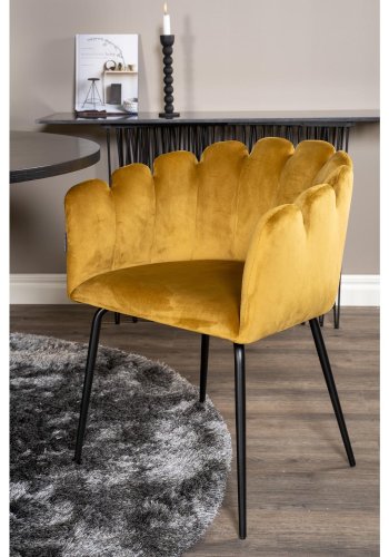 VENTURE DESIGN Copenhagen spisebordsett, m. 4 stoler - sort finér/svart metall og gul flyel/svart metall