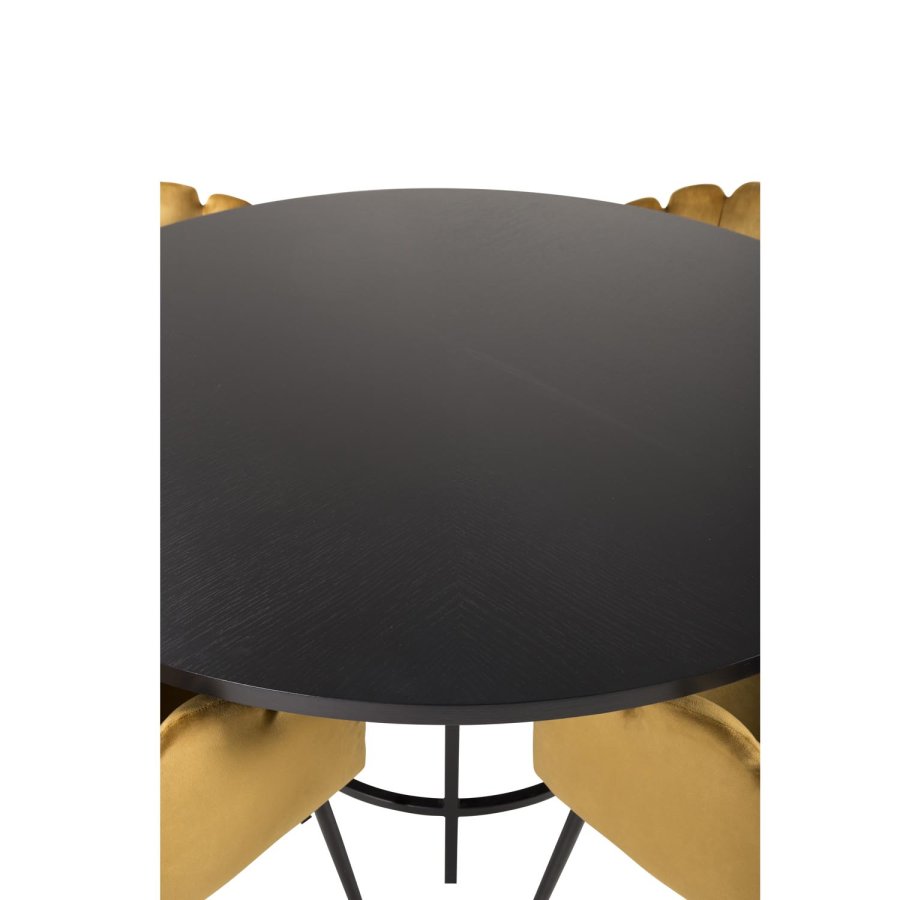 VENTURE DESIGN Copenhagen spisebordsett, m. 4 stoler - sort finér/svart metall og gul flyel/svart metall