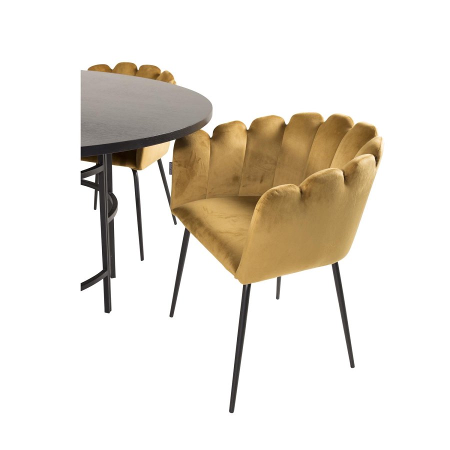 VENTURE DESIGN Copenhagen spisebordsett, m. 4 stoler - sort finér/svart metall og gul flyel/svart metall