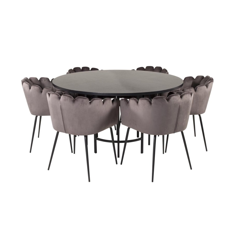 VENTURE DESIGN Copenhagen Esstischset mit 4 Stühlen – schwarzes Furnier/schwarzes Metall und grauer Samt/schwarzes Metall