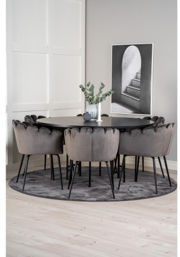 VENTURE DESIGN Copenhagen Esstischset mit 4 Stühlen – schwarzes Furnier/schwarzes Metall und grauer Samt/schwarzes Metall