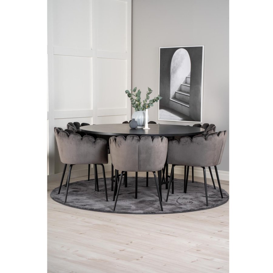 VENTURE DESIGN Copenhagen Esstischset mit 4 Stühlen – schwarzes Furnier/schwarzes Metall und grauer Samt/schwarzes Metall