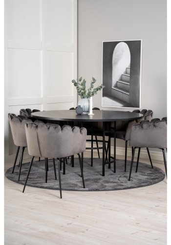 VENTURE DESIGN Copenhagen Esstischset mit 4 Stühlen – schwarzes Furnier/schwarzes Metall und grauer Samt/schwarzes Metall