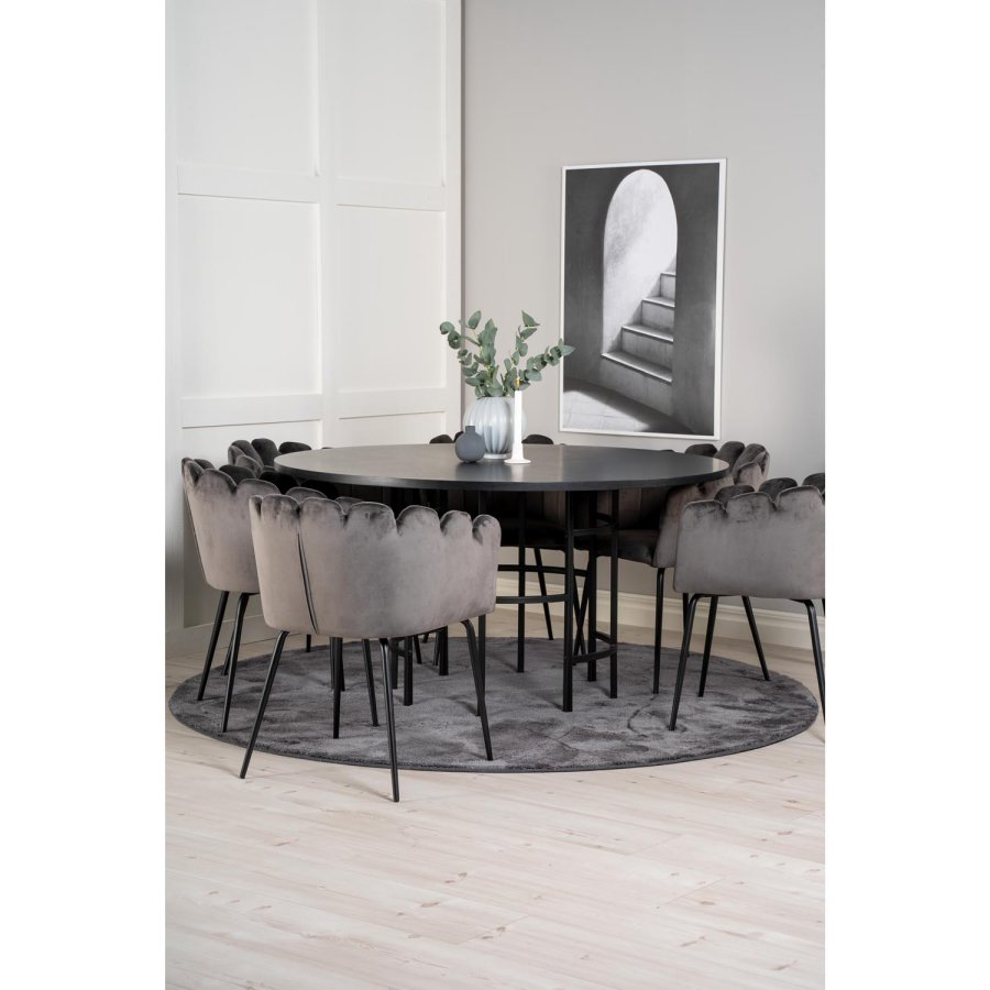 VENTURE DESIGN Copenhagen Esstischset mit 4 Stühlen – schwarzes Furnier/schwarzes Metall und grauer Samt/schwarzes Metall