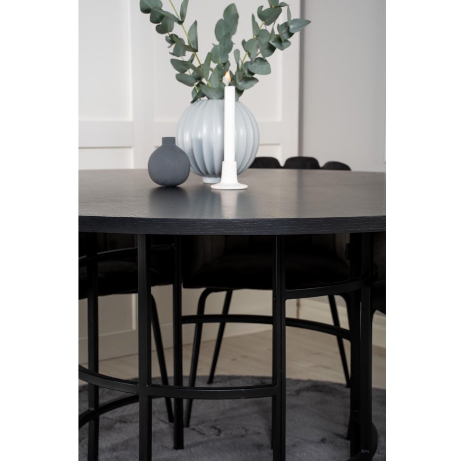 VENTURE DESIGN Copenhagen Esstischset mit 4 Stühlen – schwarzes Furnier/schwarzes Metall und grauer Samt/schwarzes Metall