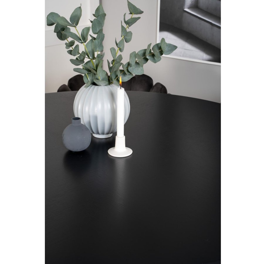 VENTURE DESIGN Copenhagen Esstischset mit 4 Stühlen – schwarzes Furnier/schwarzes Metall und grauer Samt/schwarzes Metall