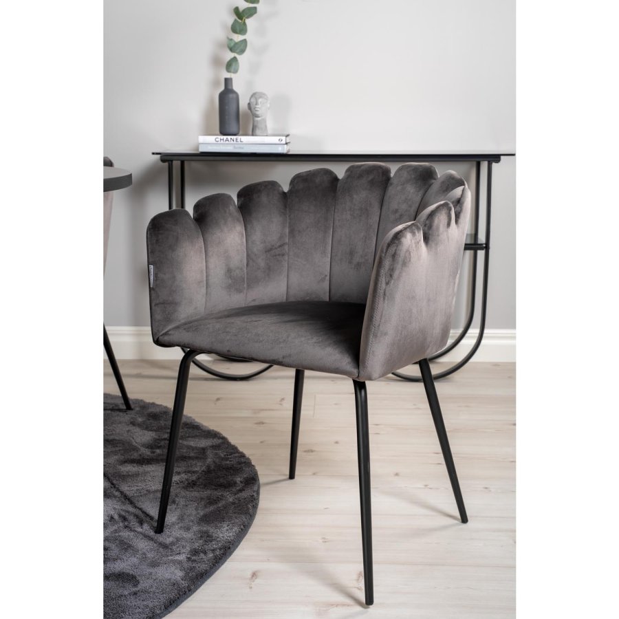 VENTURE DESIGN Copenhagen Esstischset mit 4 Stühlen – schwarzes Furnier/schwarzes Metall und grauer Samt/schwarzes Metall