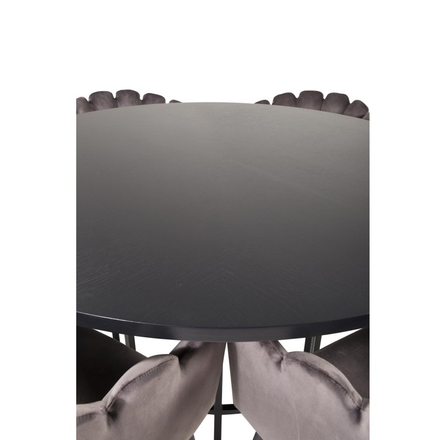 VENTURE DESIGN Copenhagen Esstischset mit 4 Stühlen – schwarzes Furnier/schwarzes Metall und grauer Samt/schwarzes Metall