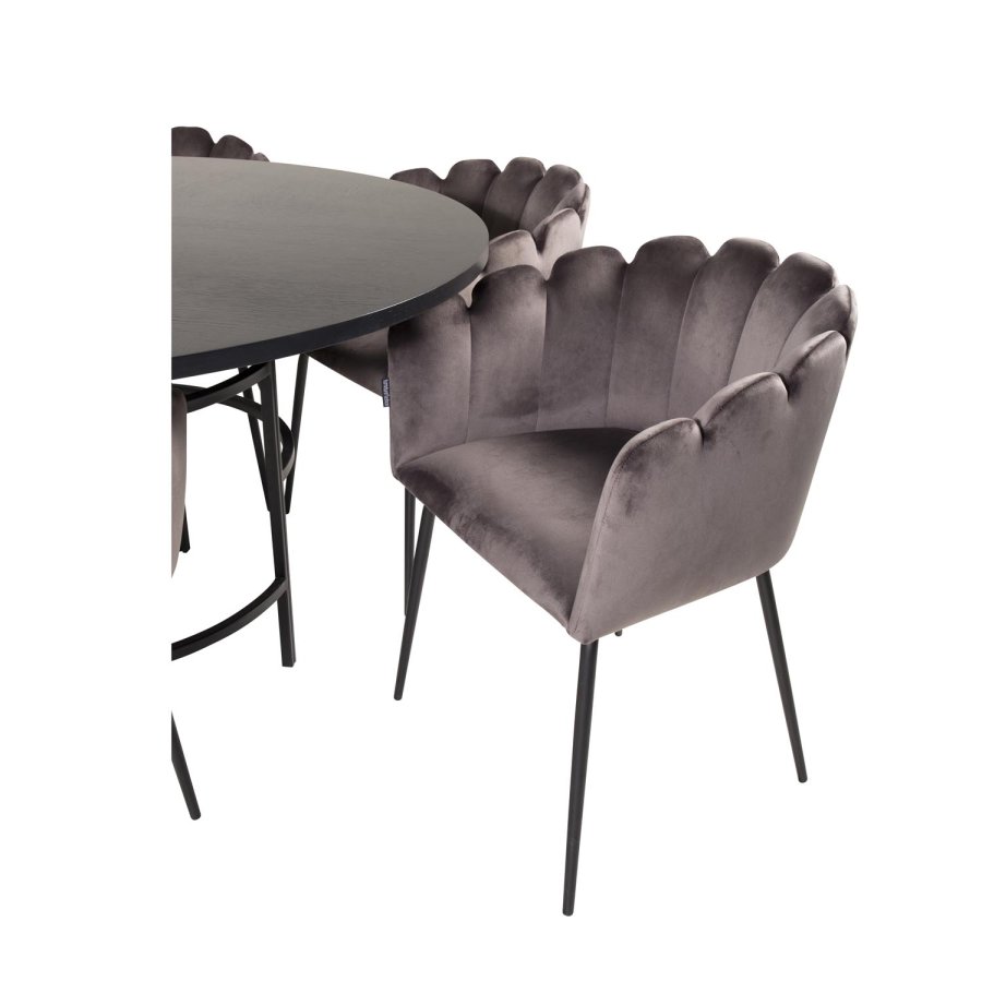 VENTURE DESIGN Copenhagen Esstischset mit 4 Stühlen – schwarzes Furnier/schwarzes Metall und grauer Samt/schwarzes Metall