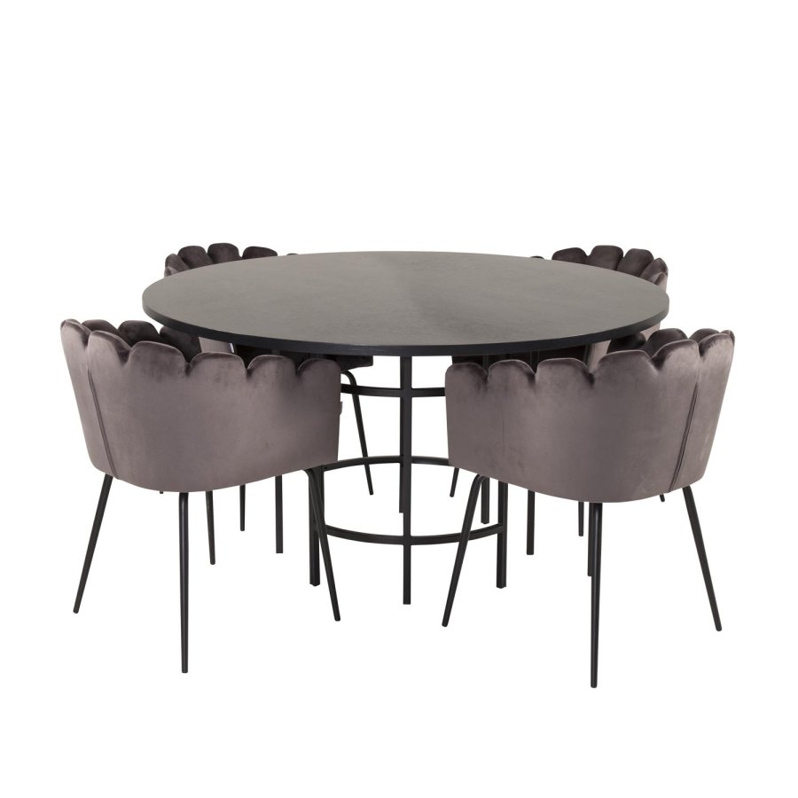 VENTURE DESIGN Copenhagen Esstischset mit 4 Stühlen – schwarzes Furnier/schwarzes Metall und grauer Samt/schwarzes Metall