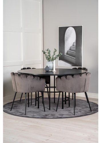 VENTURE DESIGN Copenhagen Esstischset mit 4 Stühlen – schwarzes Furnier/schwarzes Metall und grauer Samt/schwarzes Metall