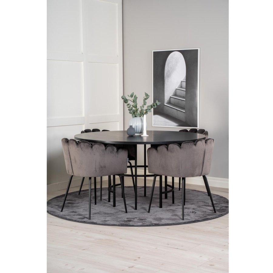 VENTURE DESIGN Copenhagen Esstischset mit 4 Stühlen – schwarzes Furnier/schwarzes Metall und grauer Samt/schwarzes Metall