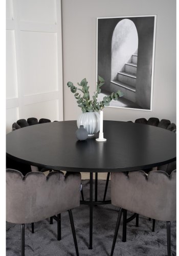 VENTURE DESIGN Copenhagen Esstischset mit 4 Stühlen – schwarzes Furnier/schwarzes Metall und grauer Samt/schwarzes Metall