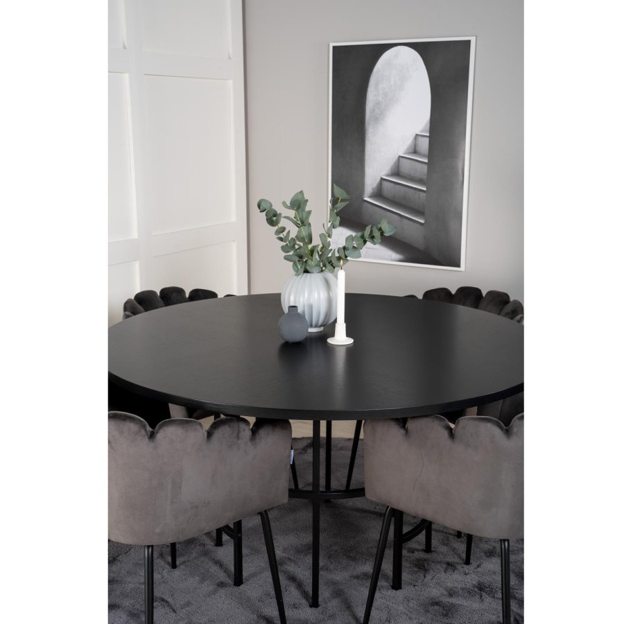 VENTURE DESIGN Copenhagen Esstischset mit 4 Stühlen – schwarzes Furnier/schwarzes Metall und grauer Samt/schwarzes Metall