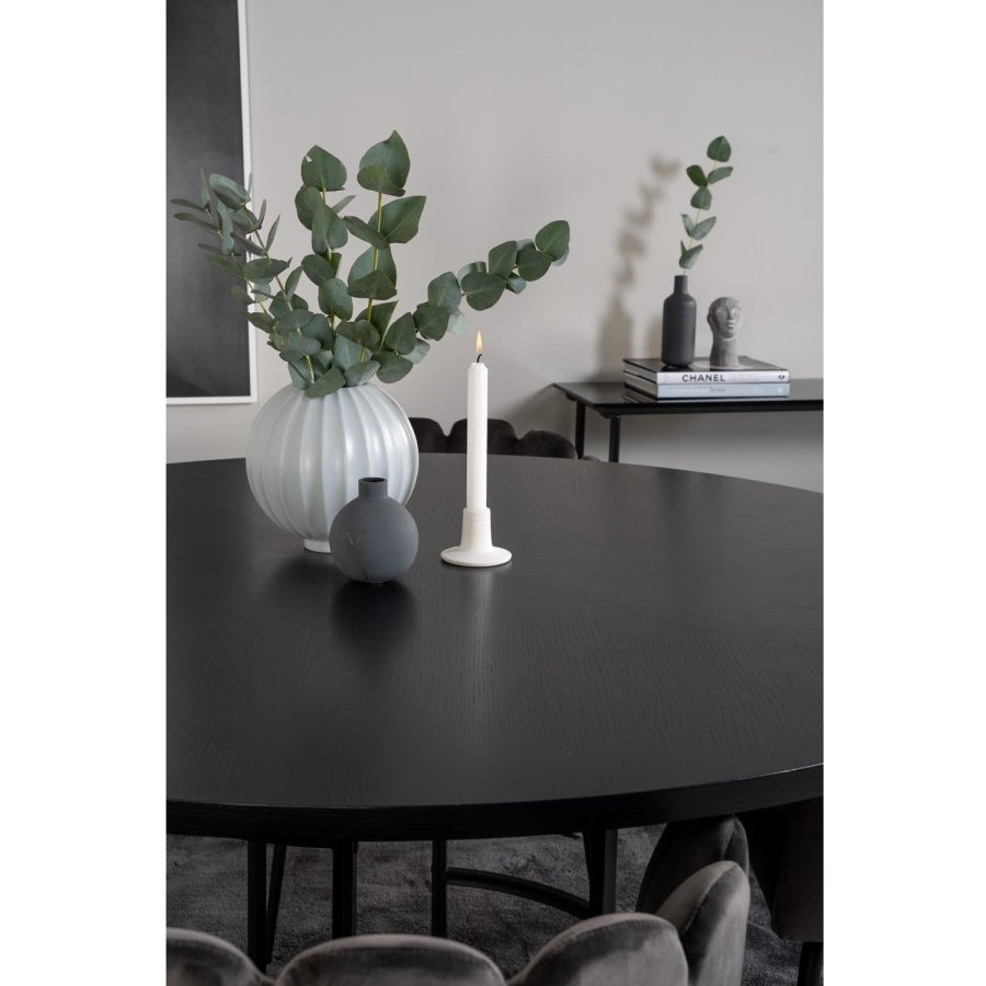 VENTURE DESIGN Copenhagen Esstischset mit 4 Stühlen – schwarzes Furnier/schwarzes Metall und grauer Samt/schwarzes Metall