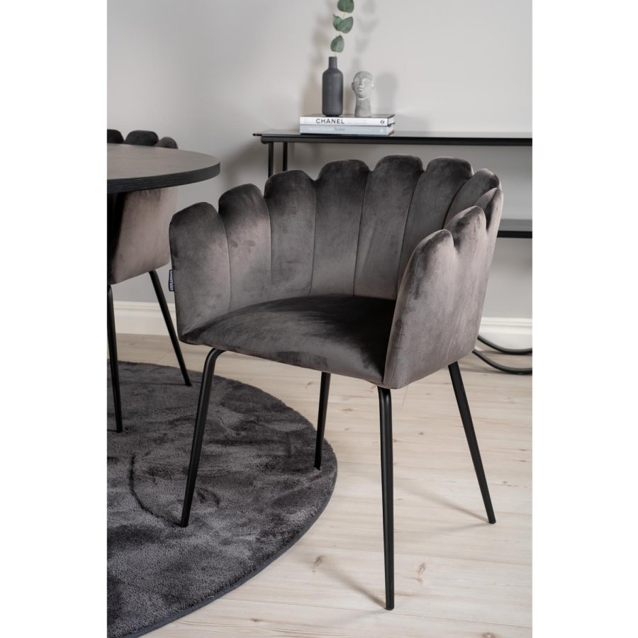 VENTURE DESIGN Copenhagen Esstischset mit 4 Stühlen – schwarzes Furnier/schwarzes Metall und grauer Samt/schwarzes Metall