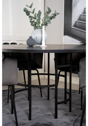 VENTURE DESIGN Copenhagen Esstischset mit 4 Stühlen – schwarzes Furnier/schwarzes Metall und grauer Samt/schwarzes Metall